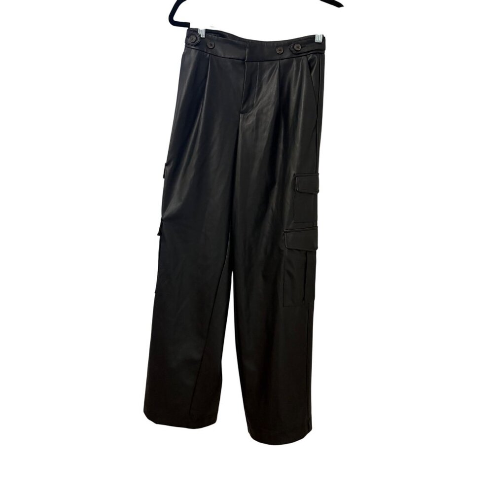 Black Faux Leather Y2K Cargo Pants High Waist Edgy Streetwear Womens Size 2